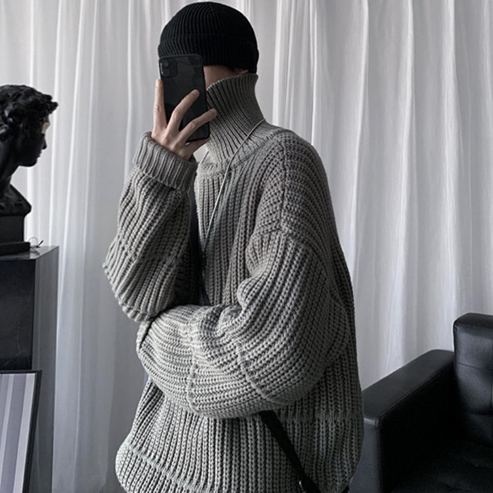 Description Picture 5 of itemWinter Sweater Cozy Mid-length Men's Sweater Warm Knitted High Collar Elastic Anti-shrink Pullover for Winter/fall Comfort Mid