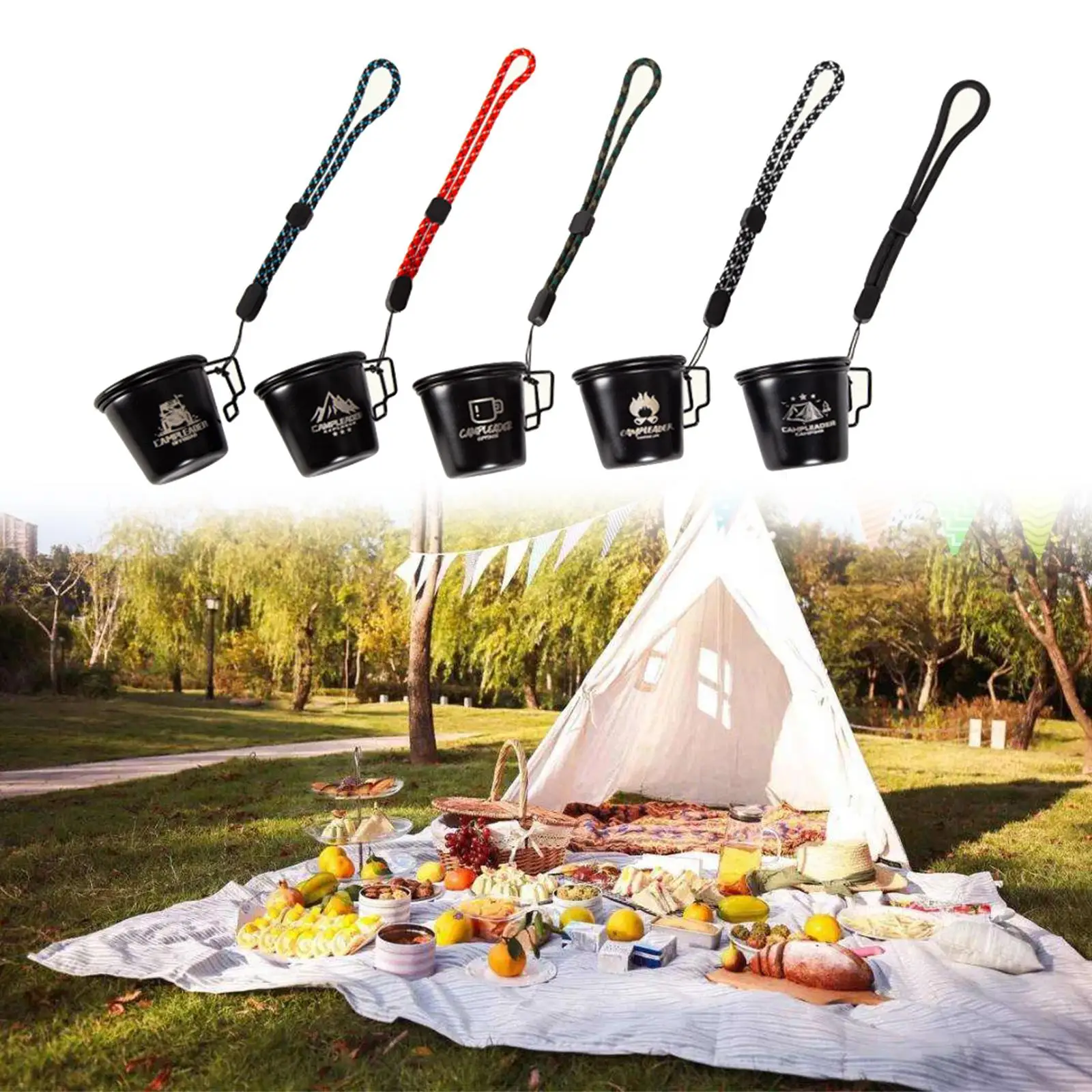 5 Pieces 304 Stainless Steel Milk Coffee Cups w/ Hanging Rope Handle Mugs for Camping Campfire BBQ Hiking