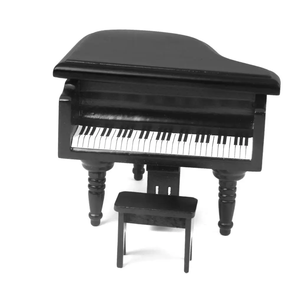 1/12 Scale Miniature Wooden Piano With Chair Handicraft Model Accessory Black