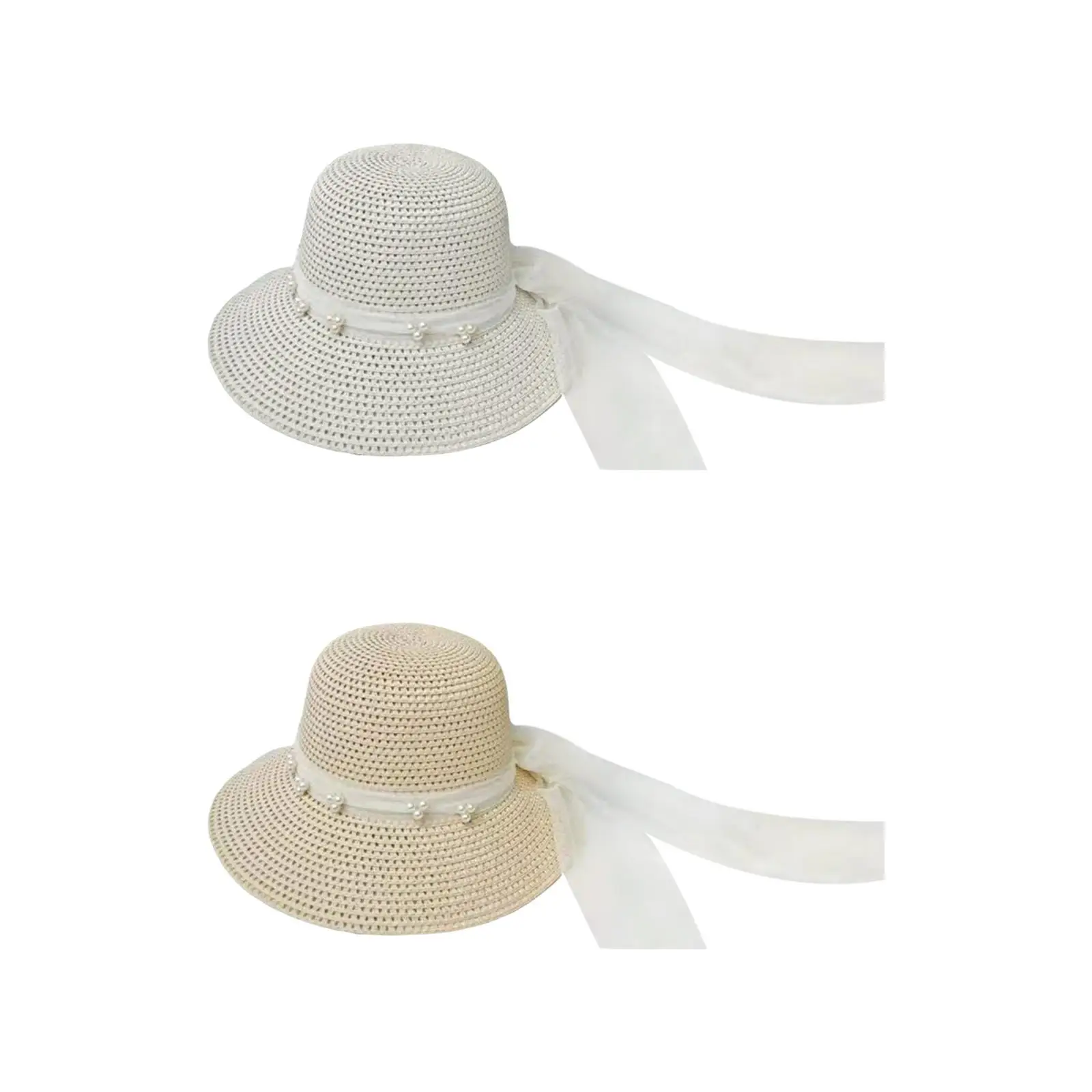 Womens Straw Hats Summer Beach Cap Lightweight Packable Ribbon Tie Wide Brim Visor Hats Bucket Hat for Holiday Vacation Outdoor