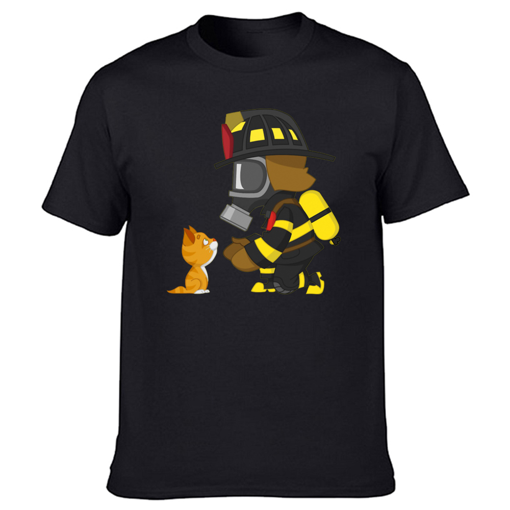 Lustige Feuerwehrmann und Katze Feuerwehrmann T-Shirts Baumwolle Streetwear Kurzarm Geburtstagsgeschenke Sommer Stil T-Shirt Herrenbekleidung – Detail 2