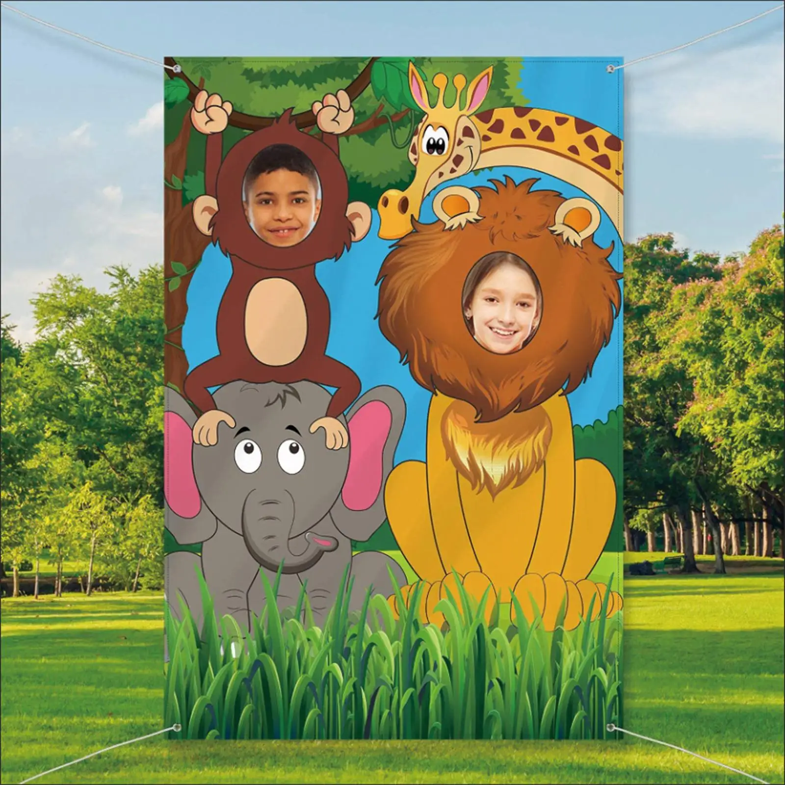 Jungle Animals Party Photo Prop Backdrop Bright Colors Printed with Lion Giraffe Elephant and Monkey with Zoo Animals Elements