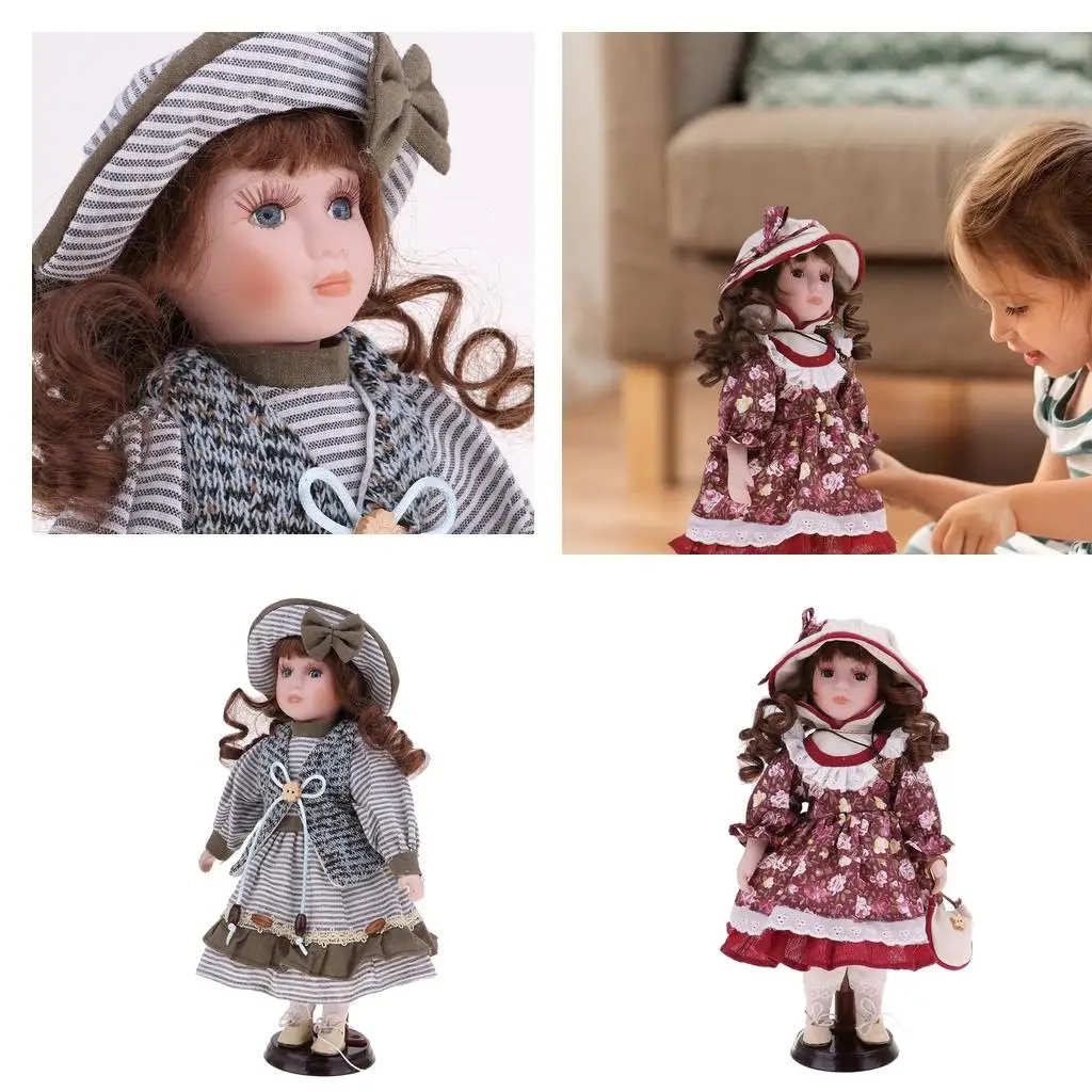2-Pack Girls Princess Doll, 11.8inch Porcelain Victorian Dolls with Vintage Style Dress Hat Set , Free Standing Decor