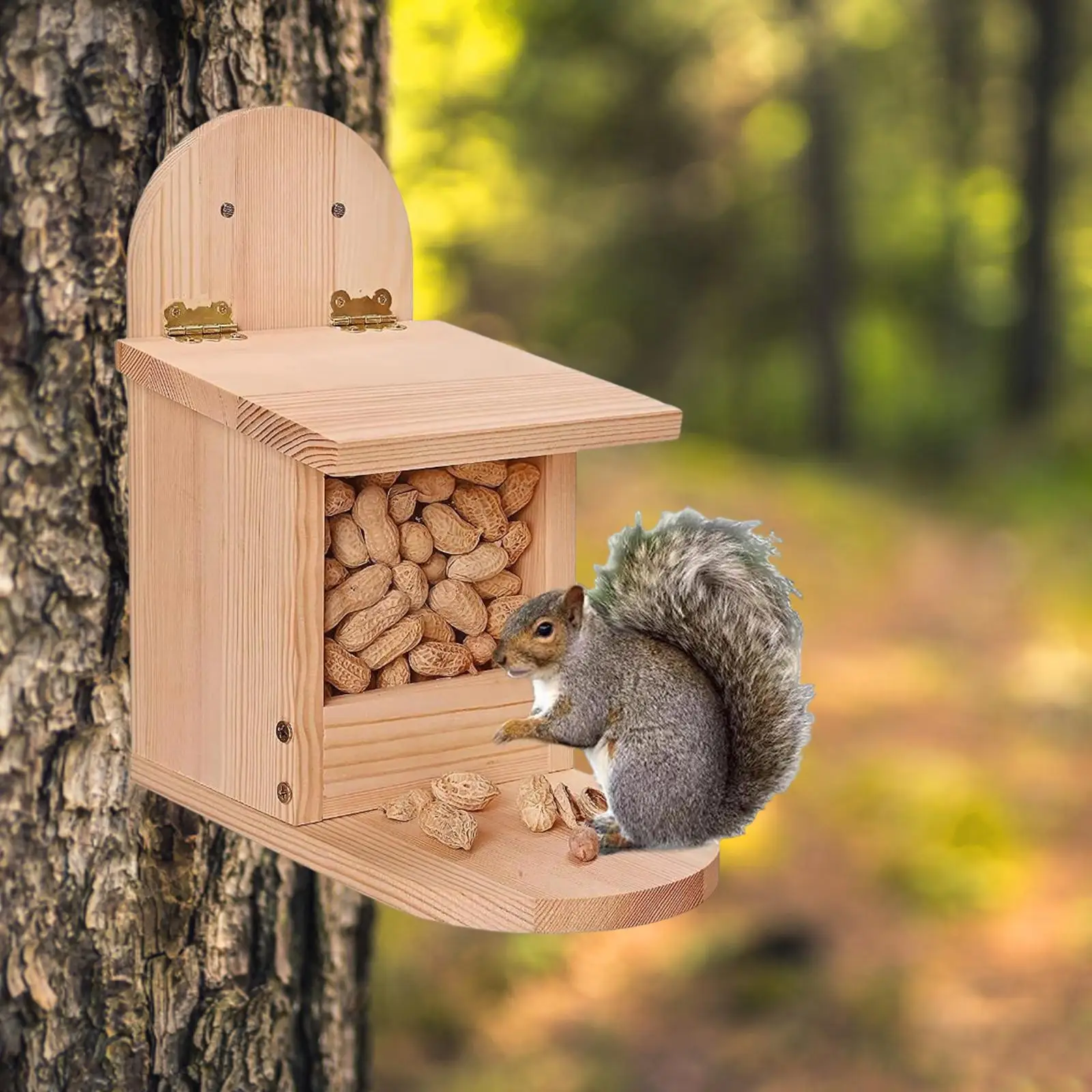 Wooden Squirrel Feeder Box with Feeding Platform Picnic Table Feeder Handcrafted Wood Animal Feeder House for Backyard Patio