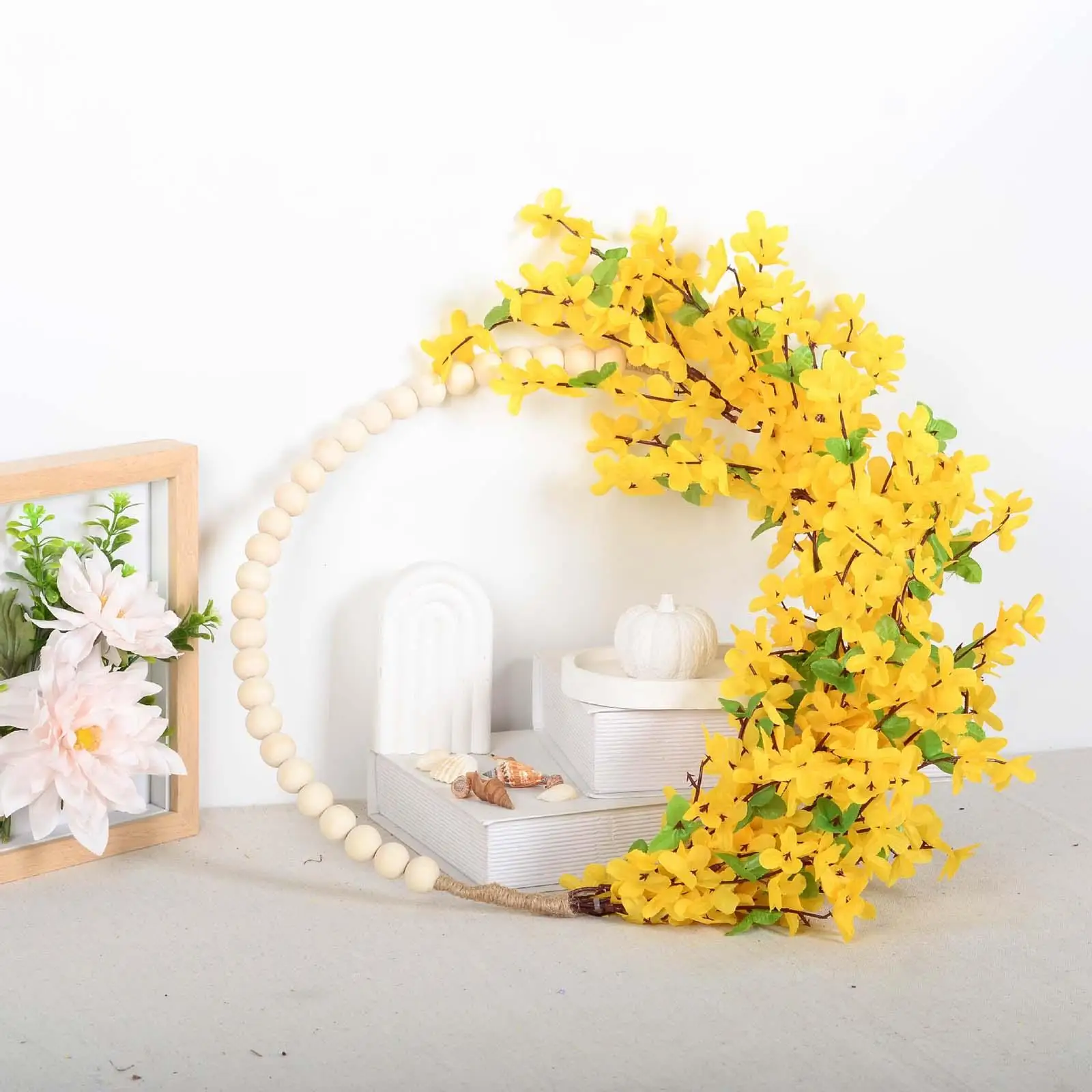 Artificial Flower Wreath Wood Beads Greenery Wreaths for Indoor Decoration
