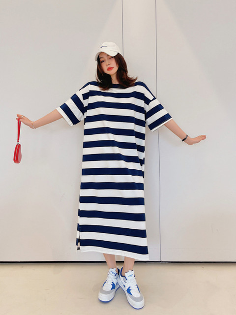 Summer Loose Casual Large Size Striped Short-sleeved T-shirt Women's  Mid-length Over-the-knee Dress Home T-shirt Dress Oversize