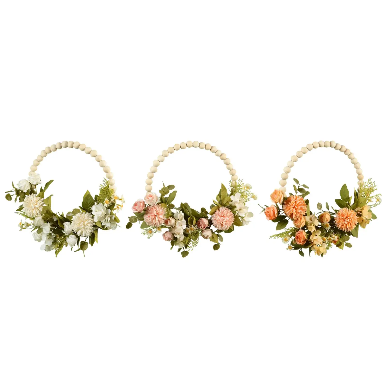 Artificial Flower Wreath Garland Wood Beads Hoop Wall Hanging Greenery Leaves for Indoor Farmhouse Fireplace Party Decor