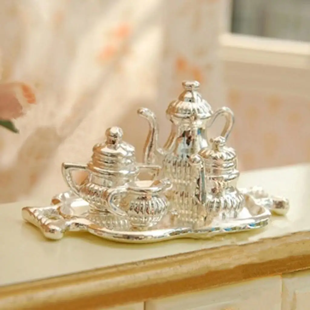 5pcs Silver Metal Tea Lid Pot Cups Tray Set 1:12 Dolls House Miniature Accs