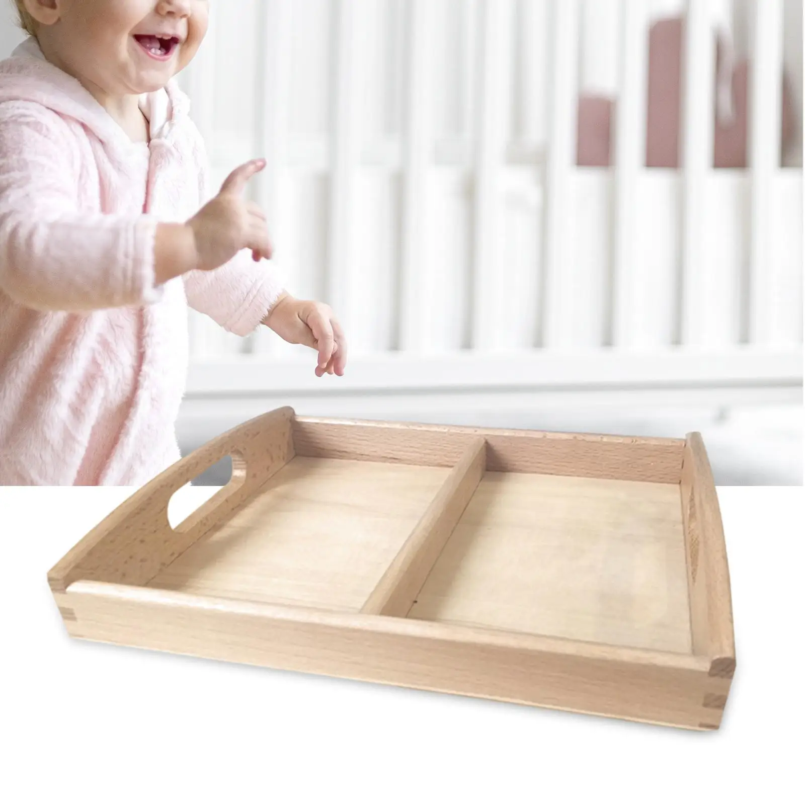 Montessori Wooden Sorting Tray Two Compartments Toys Holder for Card Display
