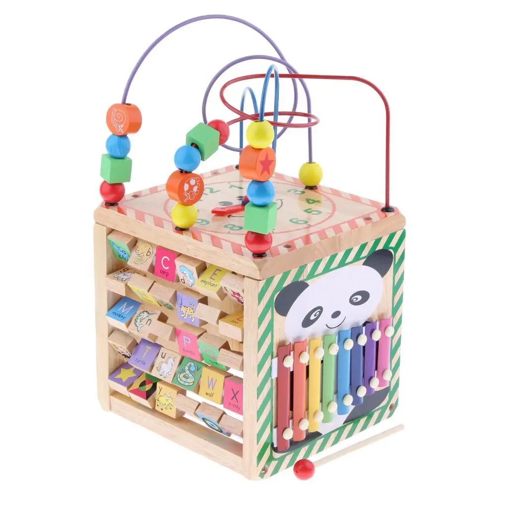 Multi-Function Wood Activity Cube  Center,Bead Maze Roller Coaster Toy