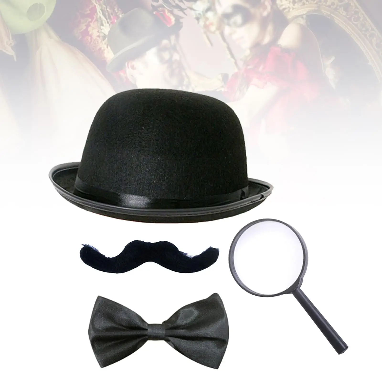 Beard Bow Tie Hat Magnifying Glass Masquerade Halloween Magician Costume Set