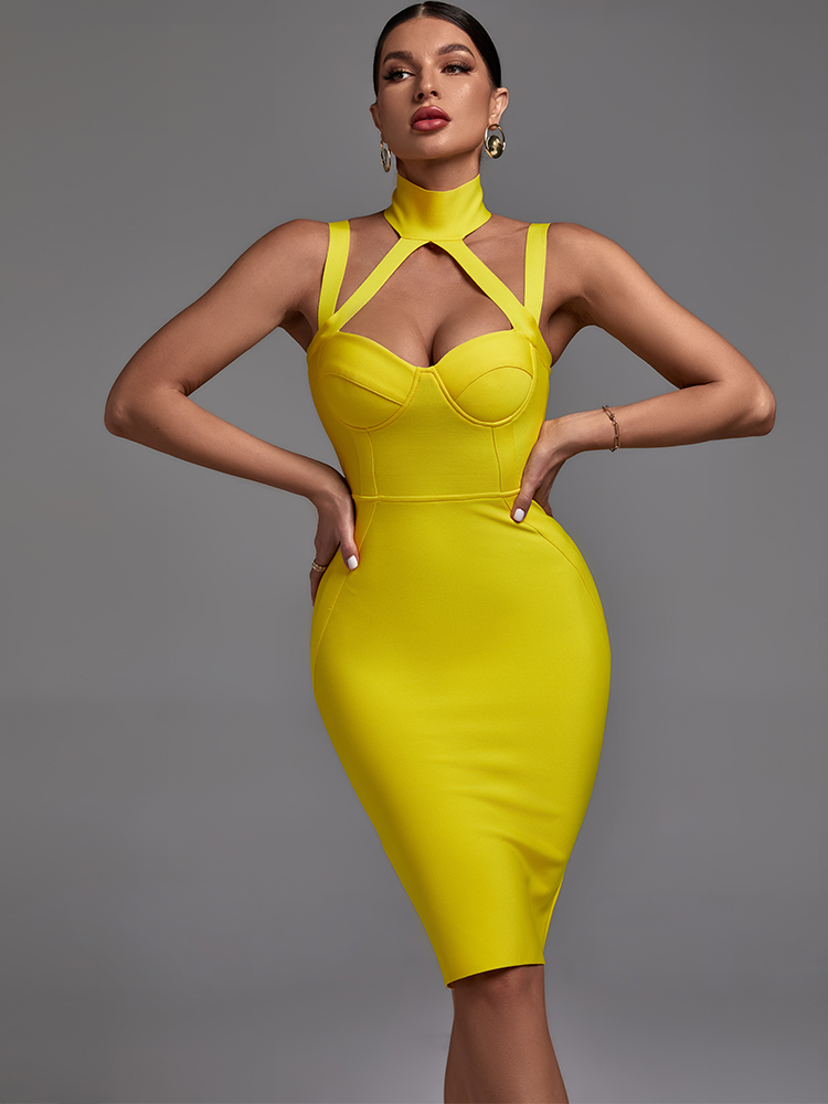 Bandage Dress 2022 New Women's Yellow Bodycon Dress Elegant Halter Sexy  Evening Club Party Dress High Quality Summer Outfits - Dresses - AliExpress