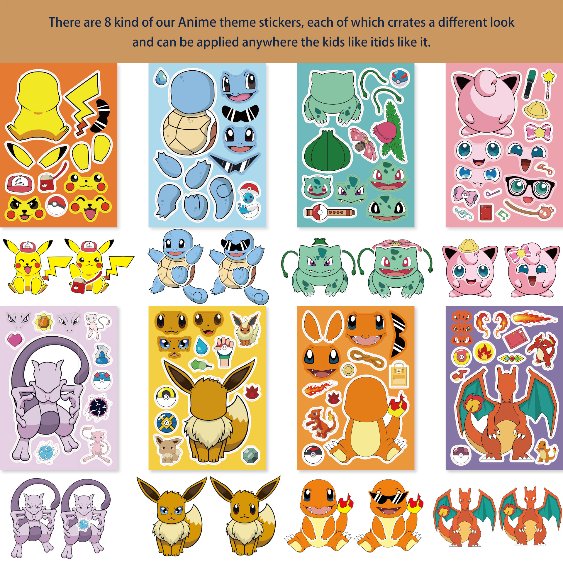 16 Blatt Pokemon Kinder Puzzle Anime Aufkleber Make-a-Face Montieren Lustige Cartoon Aufkleber Montieren Puzzle Kinder Junge Spielzeug geschenk – Detail 4