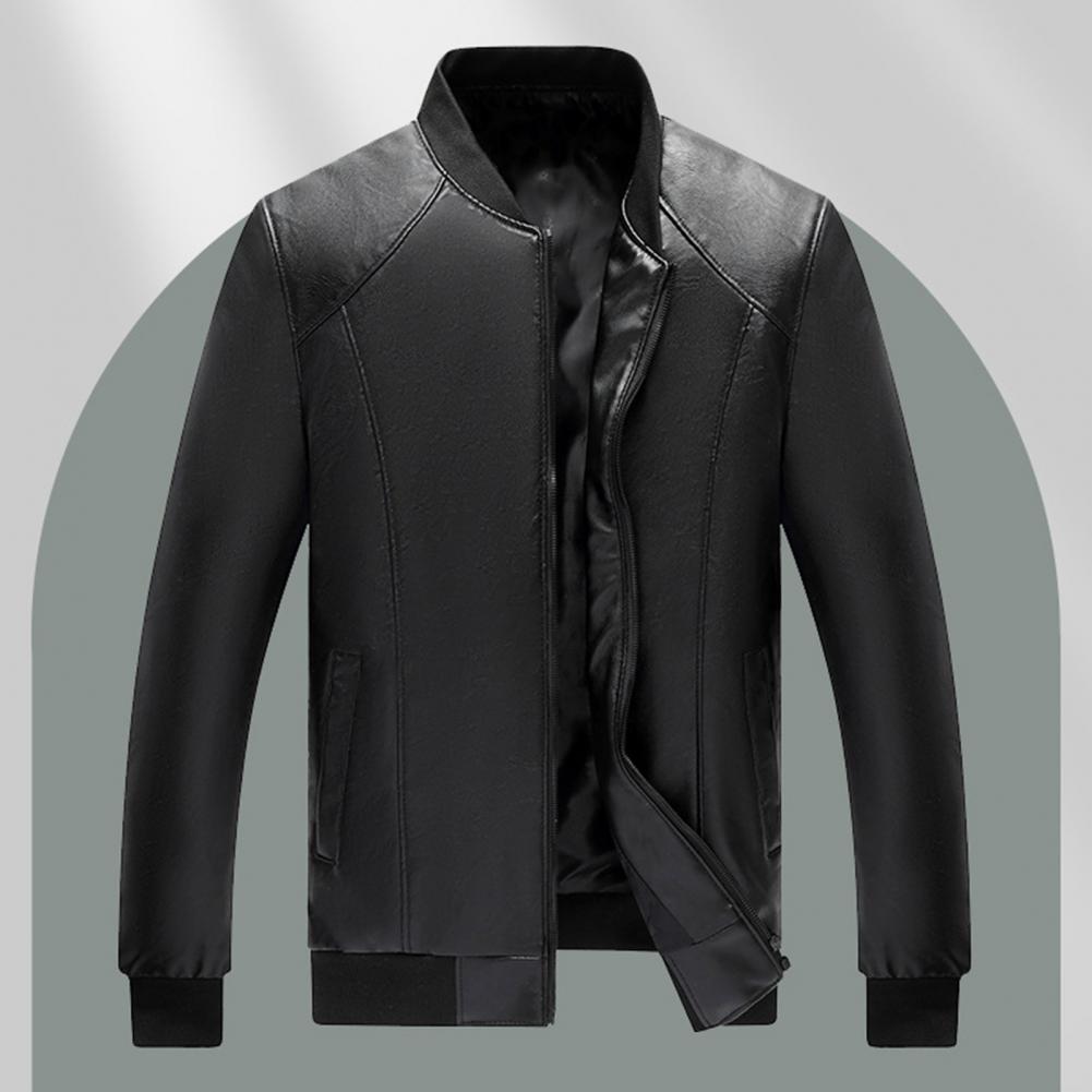 Description Picture 6 of itemWarm Winter Jacket Stylish Men's Faux Leather Jacket Warm Stand Collar Zipper Pockets Regular Fit for Autumn Winter Soft Warm