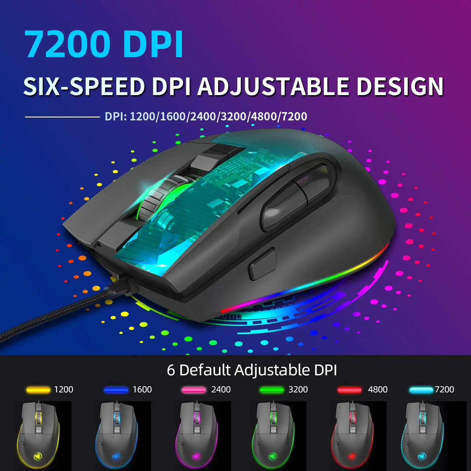 8D Wired Gaming Mouse Fire Button 13 RGB Lighting Modes Adjustable 7200 DPI Ergonomic 8 Buttons Computer Mice for Laptop Desktop