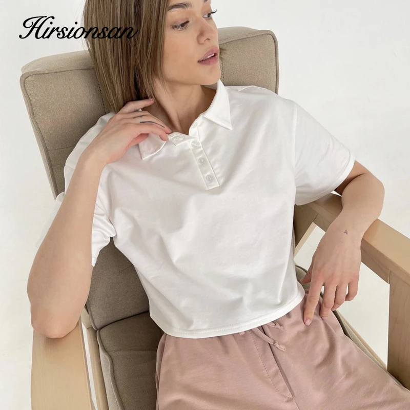 Hirsionsan Polo Neck T Shirt Women Soft Chic Tees 100% Cotton Jumper Clothes Loose Casual Pullover 2022 Summer New Crop Tops tee shirts
