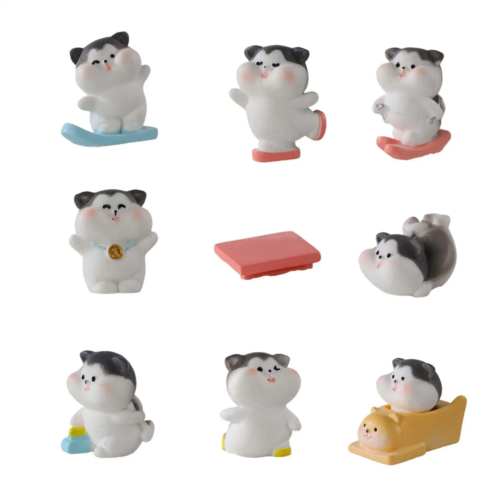 9Pcs cat Figurine Miniature Landscape Micro decor Decoration Ornament Sporting Skiing Cat for Home Decor Gift