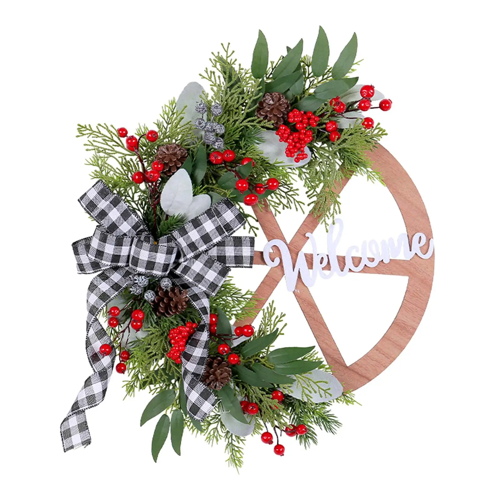Christmas Wreath Wagon Wheel Wreath Black White Plaid Bow Artificial Xmas Wreath Winter Wreath for Porch Home Indoor Outdoor