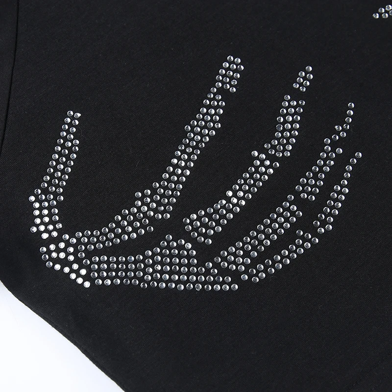 Diamonds Hand Print Cropped Tops Korean Grunge Vintage Slim Fit T Shirt Summer Short Sleeve O Neck Black Basic Tees Streetwear
