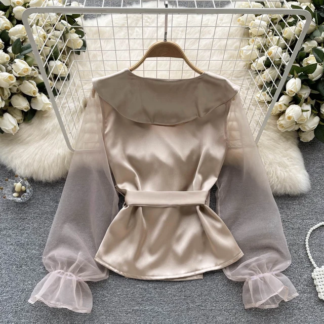 French Chic Blouse Top Women 2023 Gauze Satin V-neck Lace-up Camisas Woman  Puff Sleeve Solid with Belt Shirts Fashion Dropship