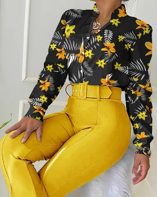 Summer Fashion Print Two Piece Set Women Casual Office Ladies Button Flying  Sleeve Shirt Pants Two Piece Set Women