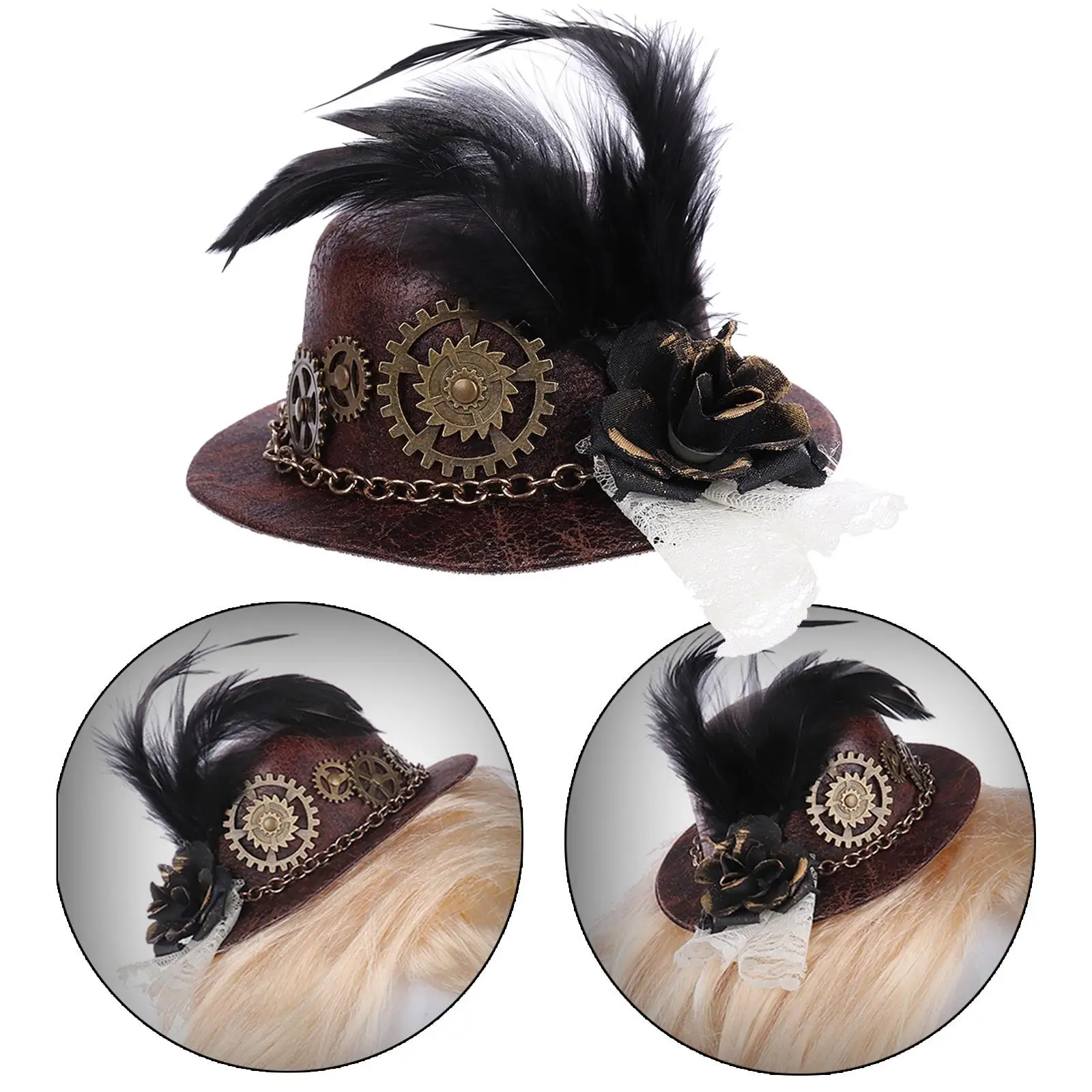 Goth Steampunk Mini Top Hat with Gear Feather Hair Clip, Jazz Hat Cosplay Costume Hat Renaissance Costume Halloween Accessory