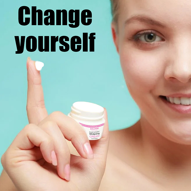 A smiling person holding a small jar of Skin Lightening Cream and pointing to a dollop of cream on their fingertip. Text reads "Transform with Skin Lightening Cream.