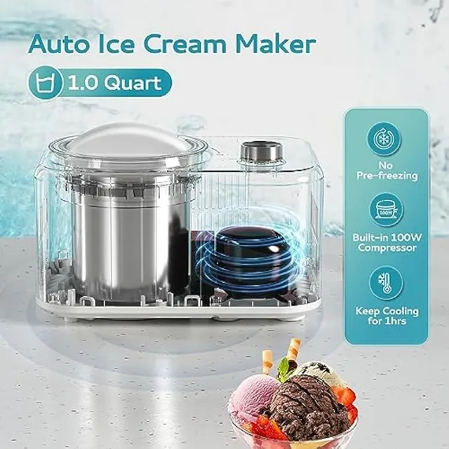 EUHOMY 1 Quart Auto Ice Cream Maker with Compressor, No Pre-freezing, 3  Modes Gelato Maker, Keep Cool Function, Easy-to-Clean - AliExpress