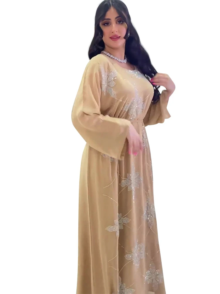 Eid Morocco Party Dress Women Muslim Abaya Diamond Ramadan Chiffon Dubai Abayas Kaftan Elegant Robe Vestidos Turkey Gown 2023