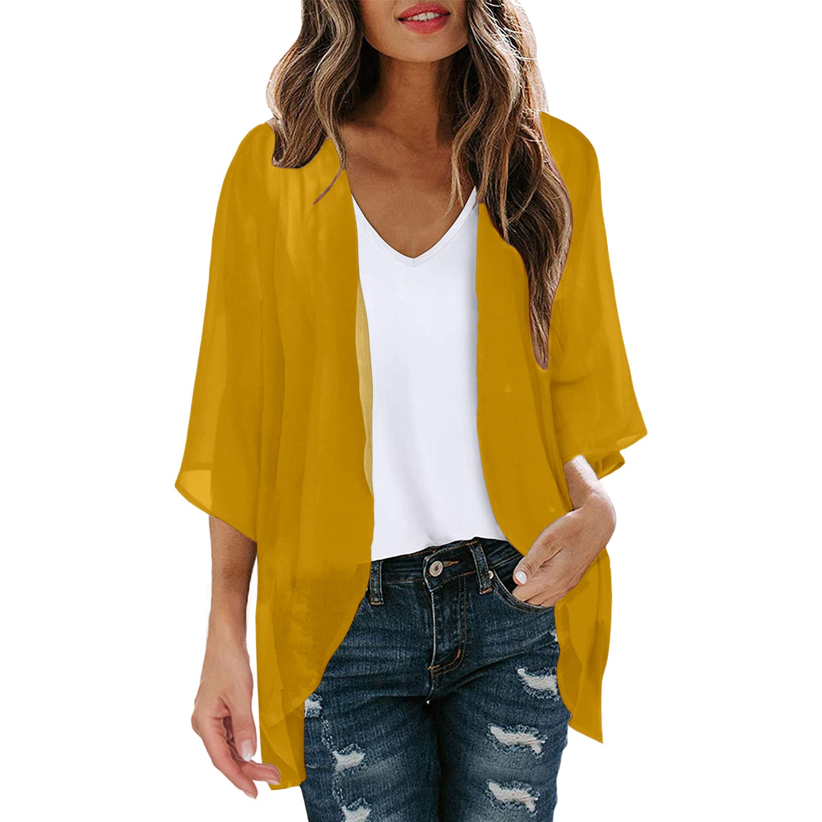 S875d68a801ea4ba1b21f830905c143aaJ Womens Solid Elegant Puff Sleeve Chiffon Blouse Cardigan Loose Cover Up Casual Long Sleeve Tops Summer Plus Size Thin Tops