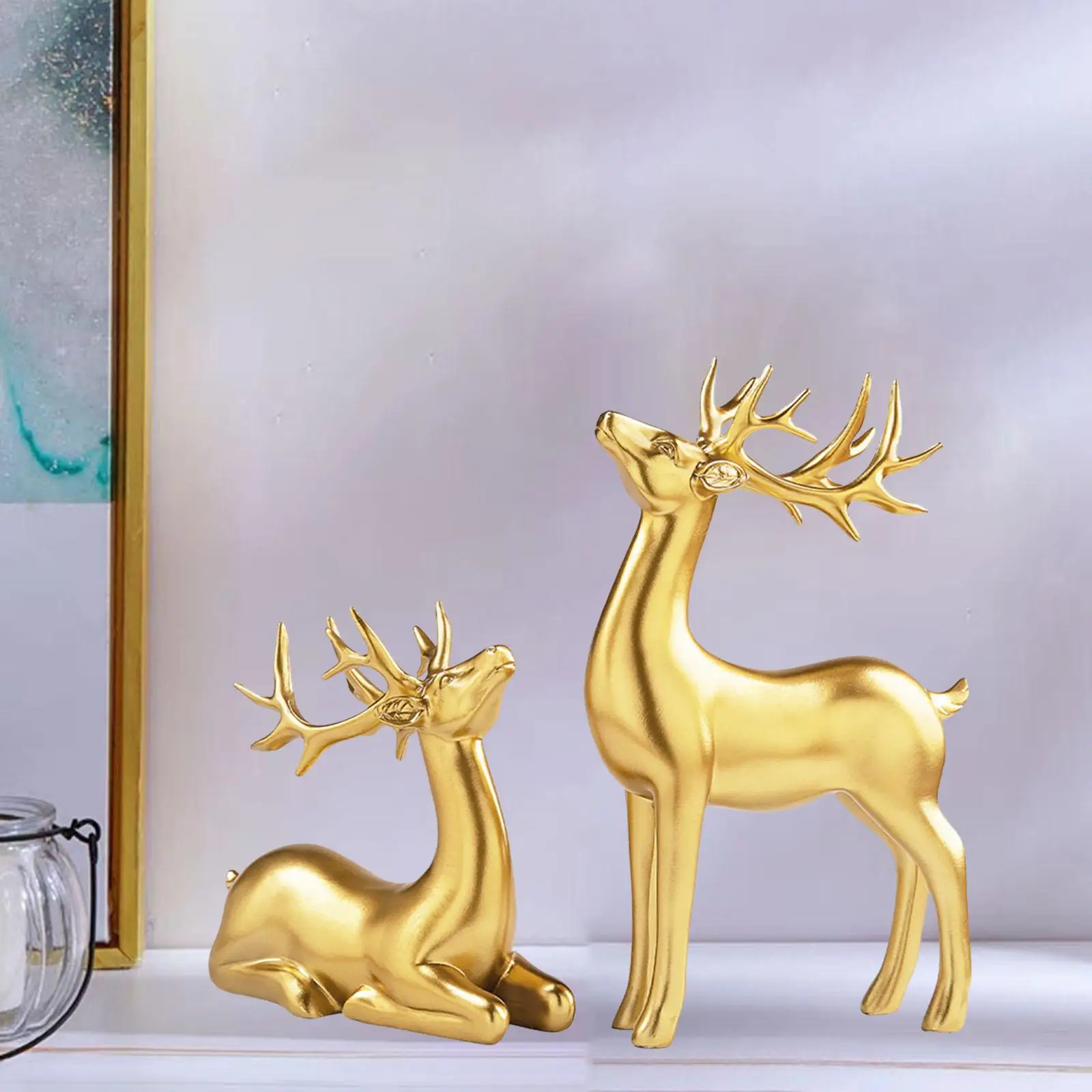 2x Modern Couple Deer Statue Figurine Sculpture Craft Gifts for Desktop Bookcase TV Cabinet Decoration