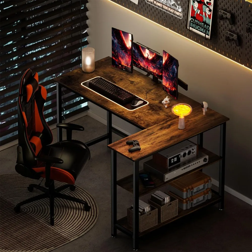A modern home office setup designed for gamers, featuring a dual monitor computer, gaming chair, and an ergonomic L-Shape Desk with shelving and ambient lighting to enhance the gaming experience.