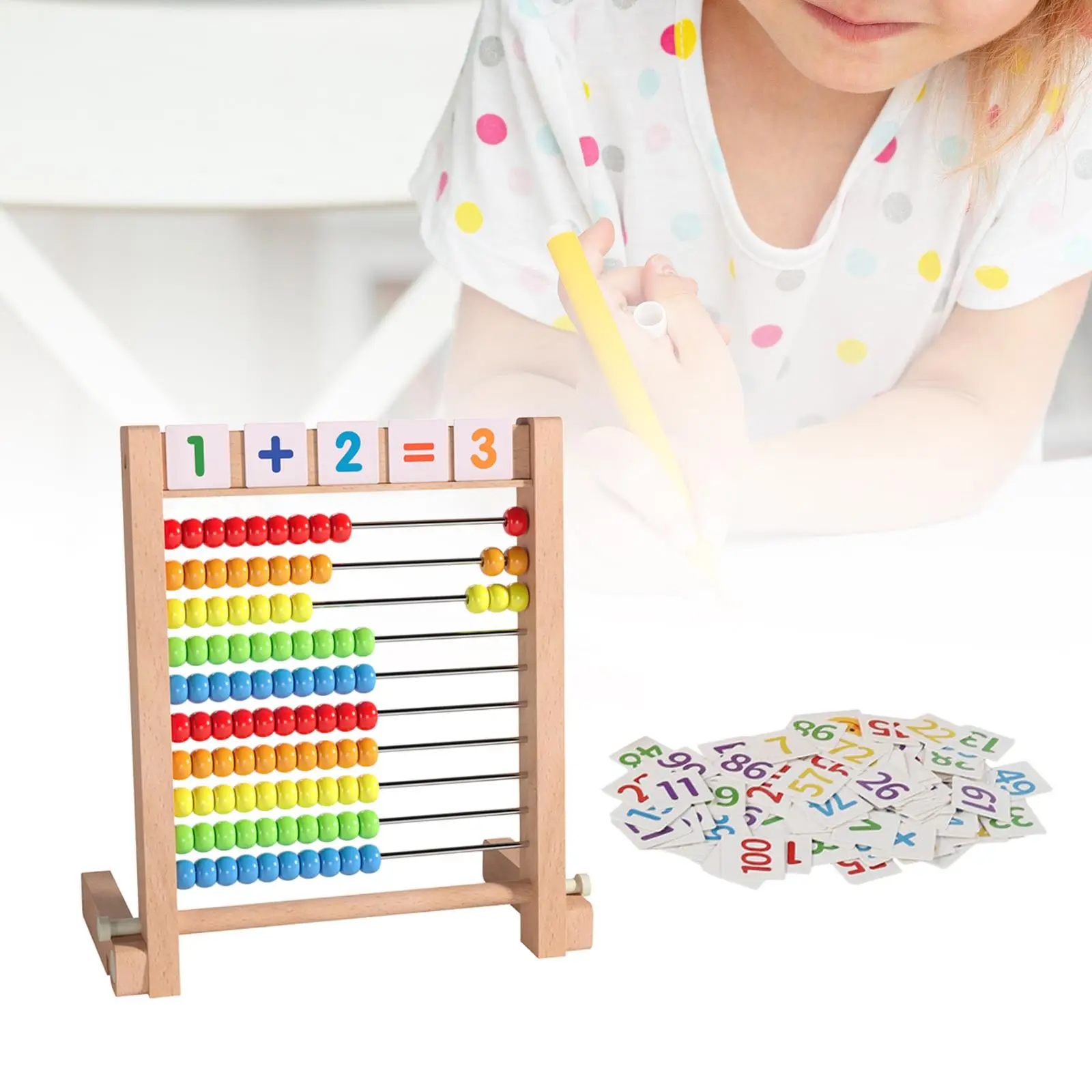 Classic Wooden Abacus Ten Frame Set with Number Cards Math Manipulatives for Boy Girls Kids Kindergarten Elementary Preschool