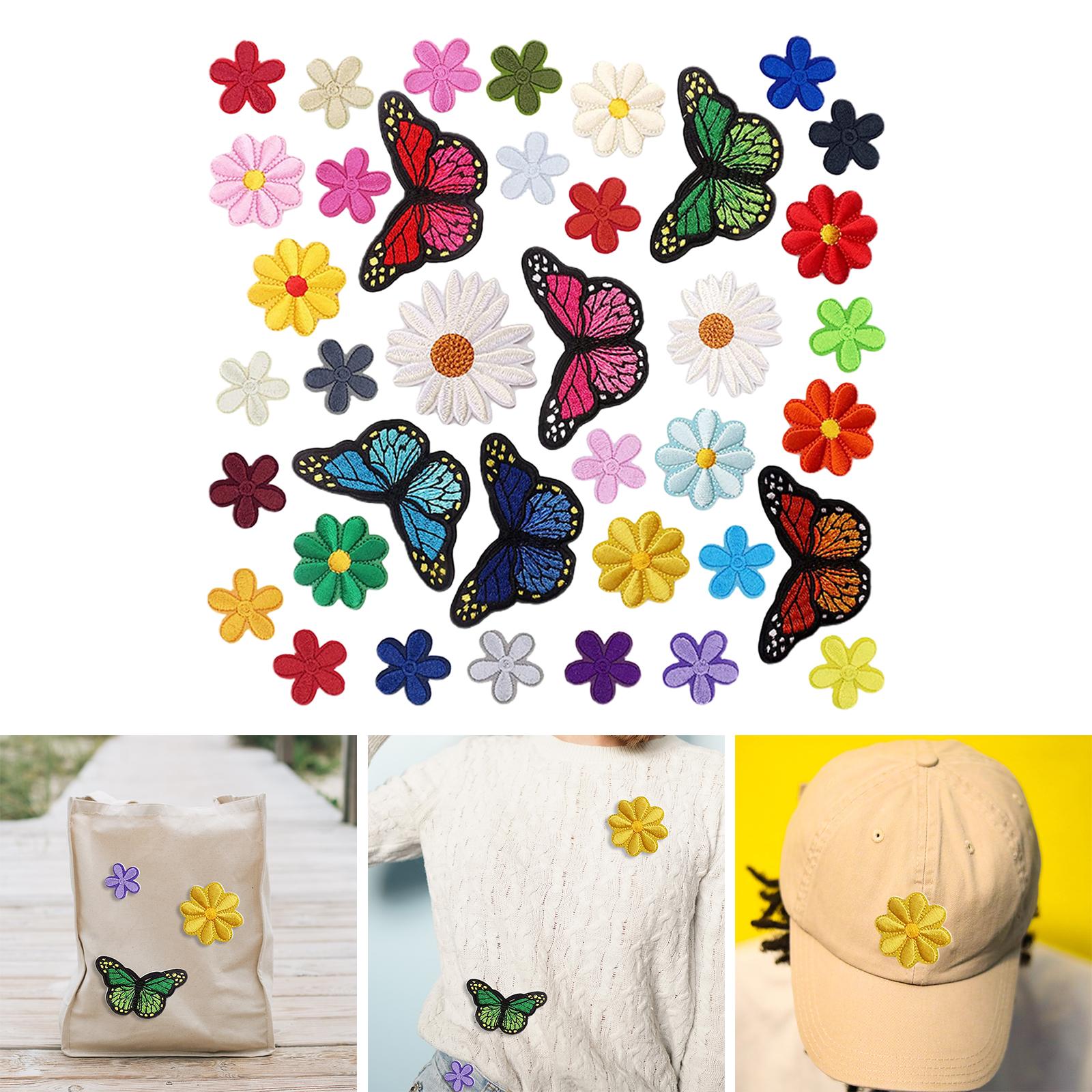 38x Butterfly & Flower Iron Patches Applique Decor Sewing Embroidered Stickers for T Shirts Handbook Bags Arts Crafts Coats