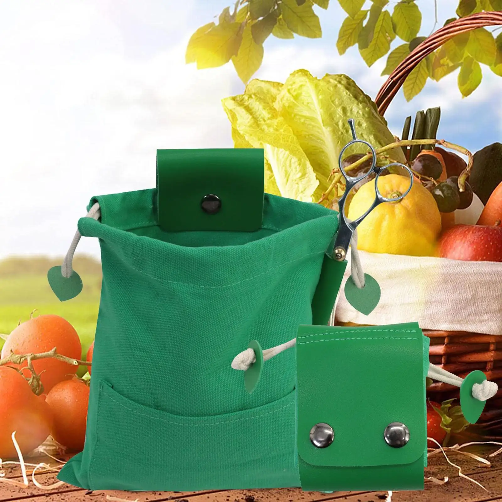 Foldable Fruit Vegetable Picking Bag with Drawstring & Buckle Belt Drawstring Pouch Leather Tool for Camping Beachcombing Fruit