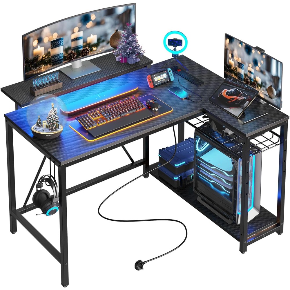 Description Picture 2 of itemSmall Gaming Desk With Power Outlets 42 L Shaped LED Computer Desk With Monitor Stand Reversible Storage Shelves Furniture Desks