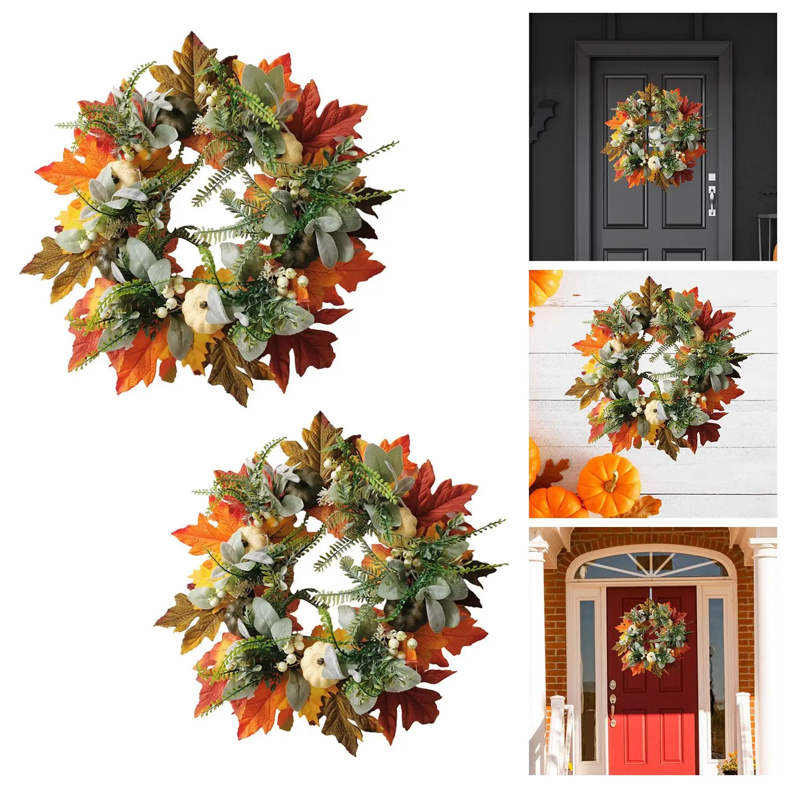 Autumn Farmhouse Wreath Hanging Fall Harvest Door Wreath with Pumpkins Maple Leaves for Home Farmhouse Indoor Wall Halloween