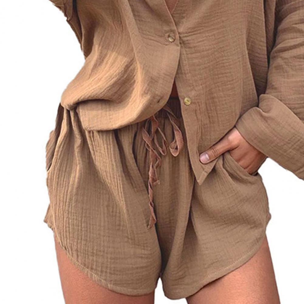 mulheres blusa calças definir cor sólida tecido macio elástico na cintura profunda virilha queda camisa shorts terno feminino