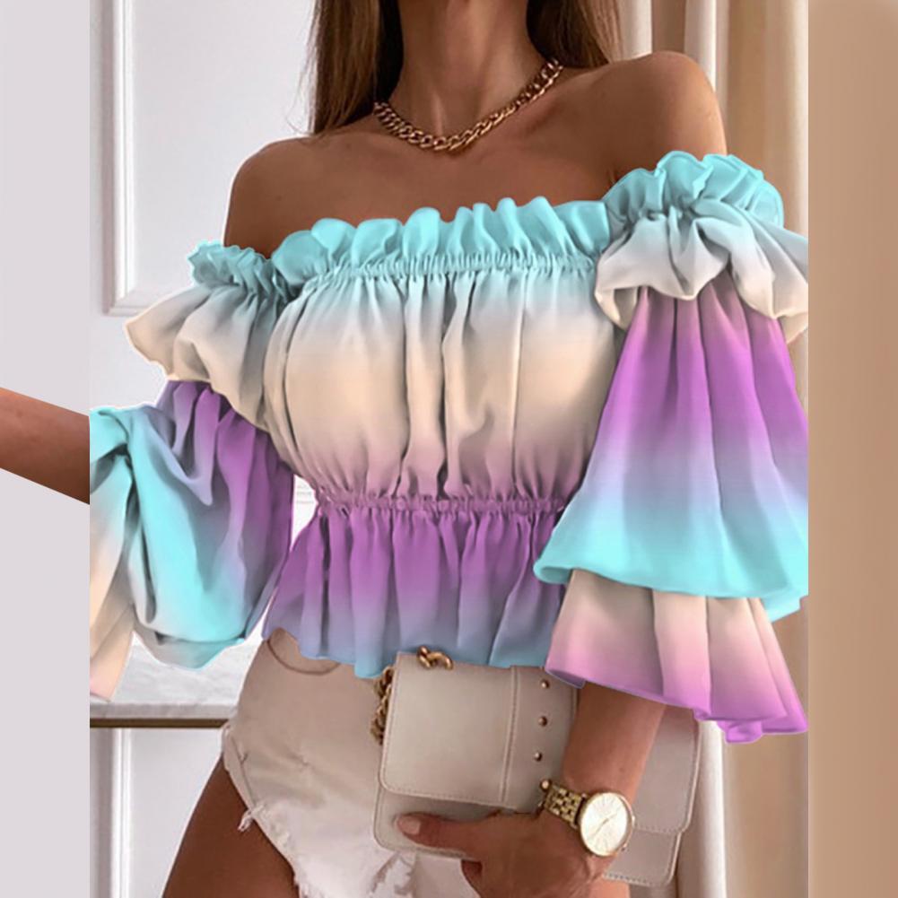 Fora do Ombro Senhora do Escritório Camisa para Namoro Sexy Blusas Femininas Multi-camada Superior Colorido Plissado Elegante Chique Manga Alargamento 8 Home & Garden