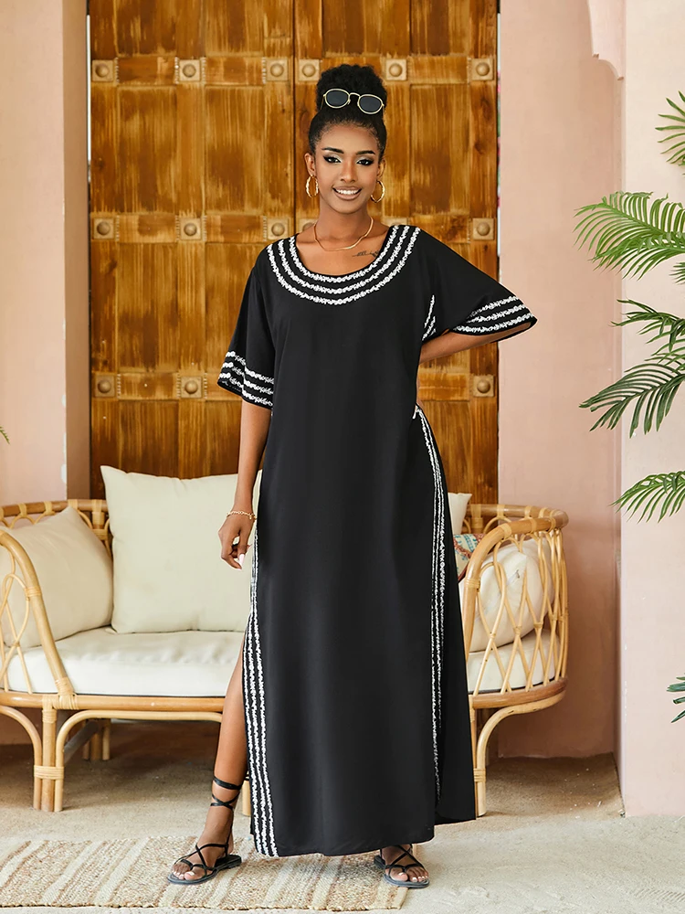 New Kaftan Dress Black Embroidery Swim suit Cover up Summer O neck Boho Dress Rpbe De Plage Tunic for Beach Pareos Loungewear