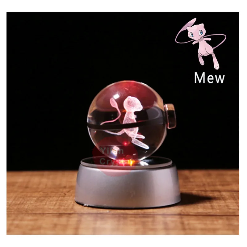 Anime Pokemon Mew 3D Crystal Ball Pokeball Anime Figures Engraving Crystal Kawaii Model with LED Light Base Kids Toy ANIME GIFT