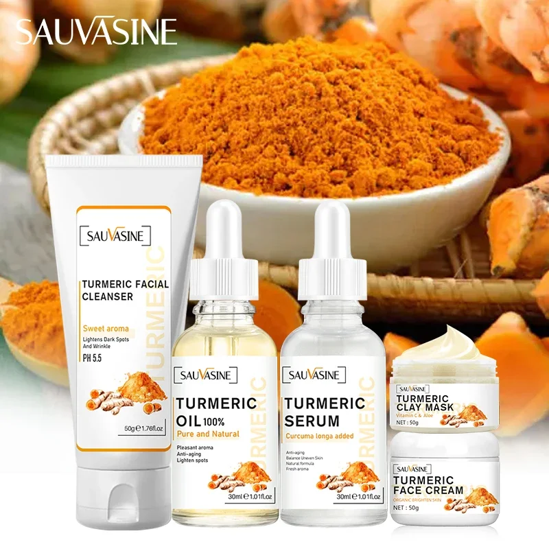 Best of 5PCS Turmeric Lemon Skin Care Set Acne Dark Spot Remover Whitening Brighten Facial Kit Face Cream Cleanser Serum Oil Winter Kit Reviews & Tips