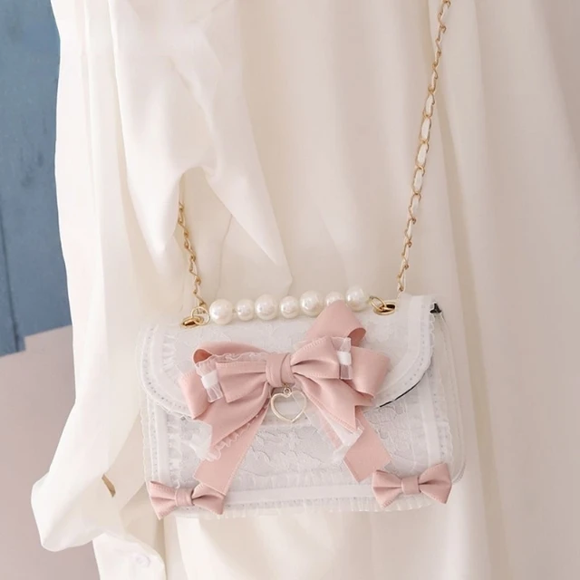 White Retro Flowers Box Mini Crossbody Bags Lolita Pearl Chain Bag
