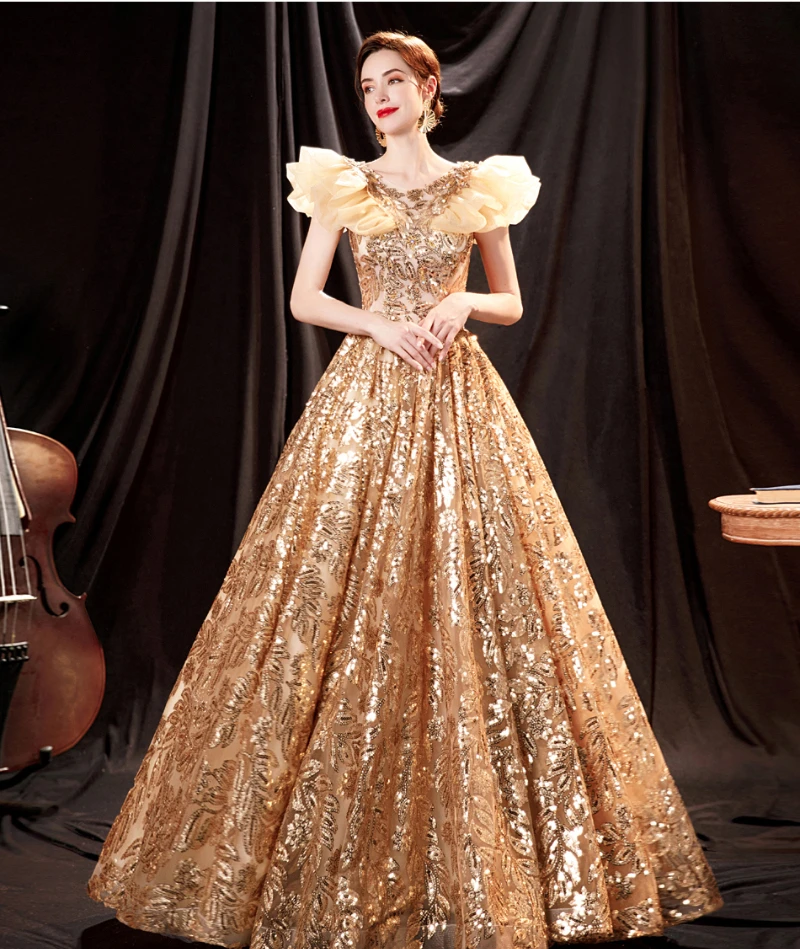 SSYFashion Luxury Gold Evening Dress for Women Scoop Puff Sleeve A-line Sequins Glittering Prom Formal Gowns Vestidos De Noche evening dresses for women