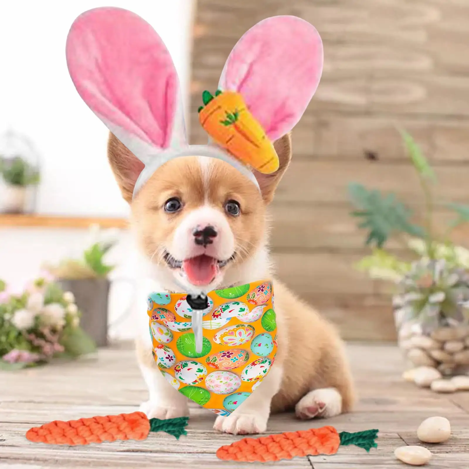 4x Dog Easter Costumes Triangle Bibs Rabbit Ear Headwear Carrot Shape Rope Teeth Cleaning Chew Toys Party Costume Accessories
