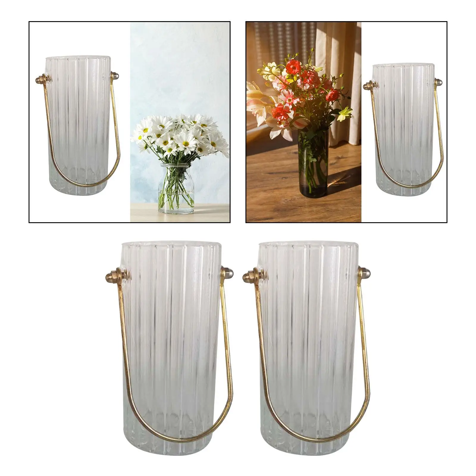 Clear Cylinder Glass Flower Vase with Metal Handle Sturdy Round Thickened Hand Blow for Indoor Office Desk,Bathroom Multipurpose