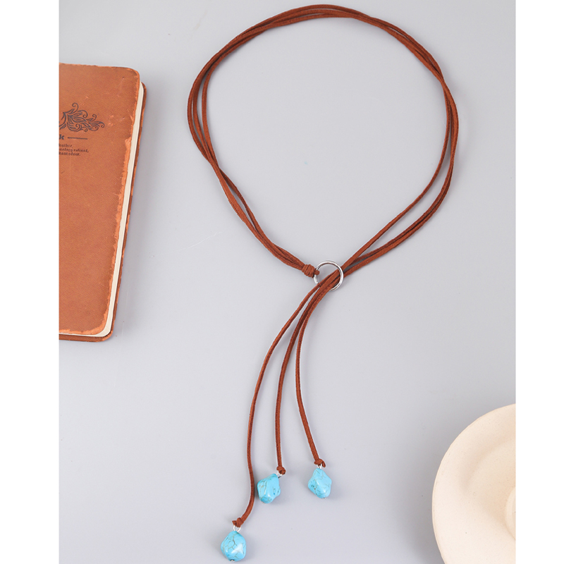 Bohemian Synthetische Türkis Halskette Lange Kette Quasten Halskette Handgemachte Vintage Y-förmigen Schmuck Braun Wrap Samt Halsband – Detail 4