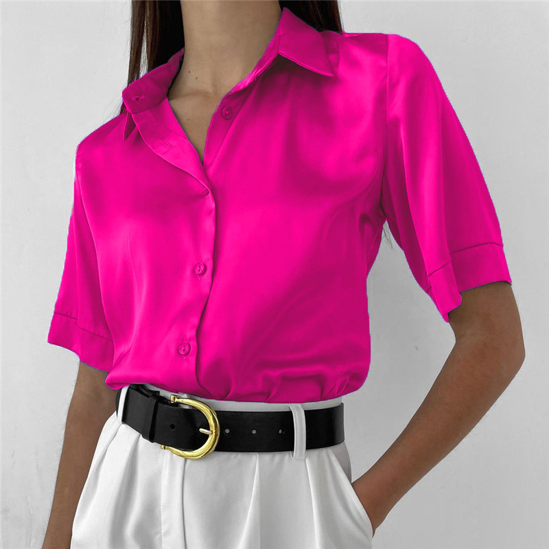 camisa de cetim de manga curta feminina verão casual solto blusa feminina blusa sólida elegante camisas topo senhora do escritório