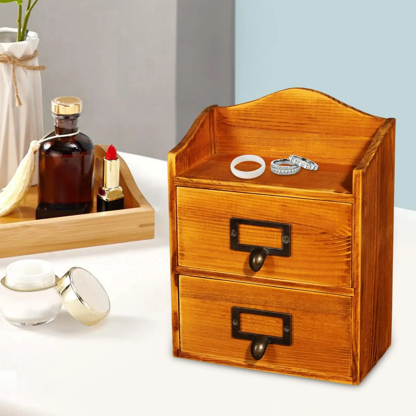 Desktop Drawer Storage Box with 2 Drawers Vintage Large Capacity Portable Desk Organizer for Bathroom Vanity Decor Counter