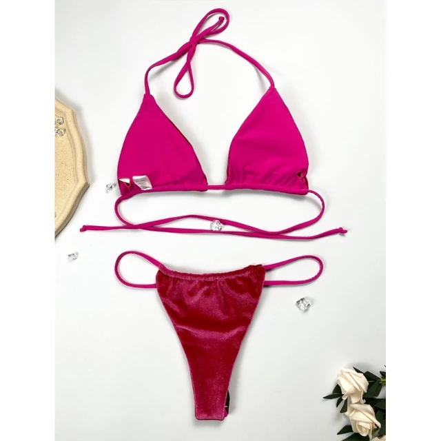 Sexy Velvet Bikini 2023 Mujer Women Solid Pink Push Up Thong